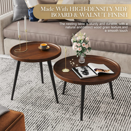 Semjar 2-Piece Mid Century Modern Round Walnut Coffee Table Set for Living Room,Easy Assembly Nesting Coffee Tables,Small Circle Coffee Side Tables for Sofa Bedside Office Balcony Semjar