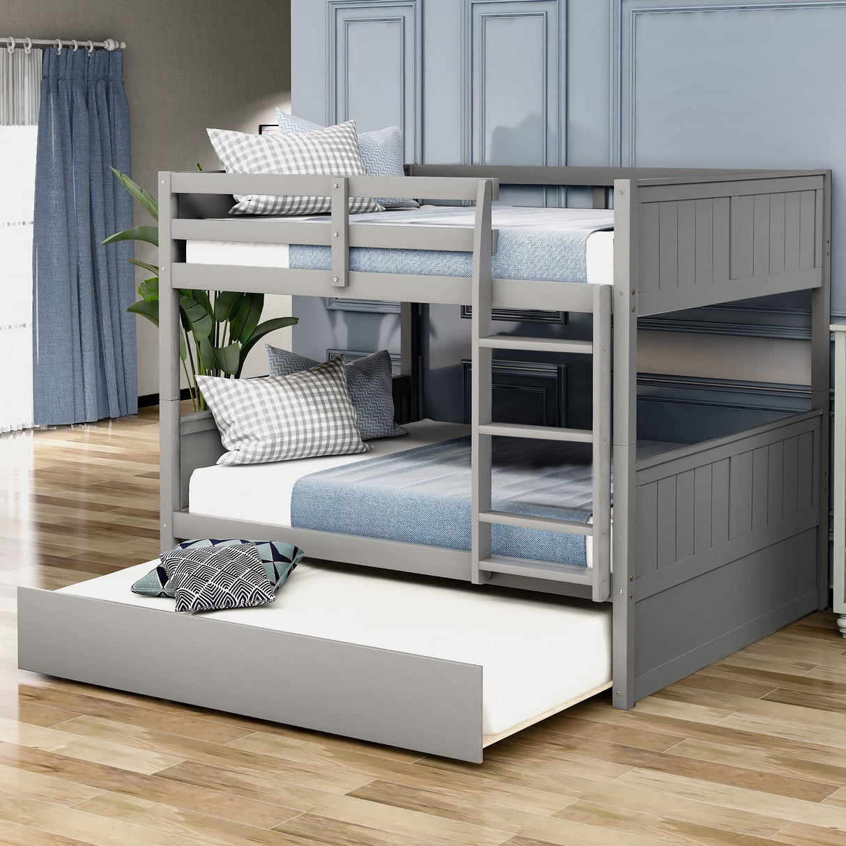 Merax Full Over Full Bunk Bed with Trundle,Wooden Trundle Bed Frame with Ladder Safety Guardrail,Convertible to 2 Platform Beds for Kids Teens,Gray Merax