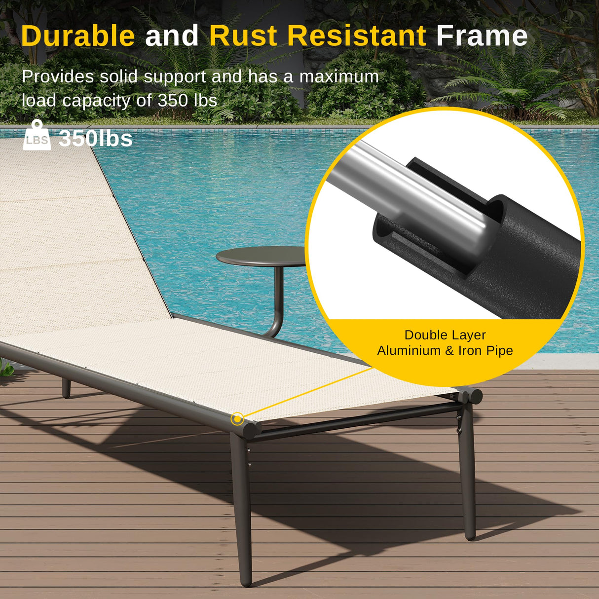 EAST OAK Textilene Outdoor Chaise Lounge, 2024 Aluminum Patio Lounge Chairs with Side Table, 5-Positions Adjustable Lounge Chaise for Outside, Recliner Chair for Pool, Beach, Backyard, Porch, Lawn EAST OAK