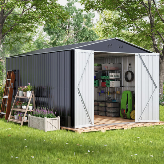 HOGYME 8 x 12 FT Outdoor Storage Shed, Large Metal Tool Sheds with Updated Frame Structure and Lockable Doors, Garden Shed for Backyard Garden Patio Lawn, Grey - WoodArtSupply