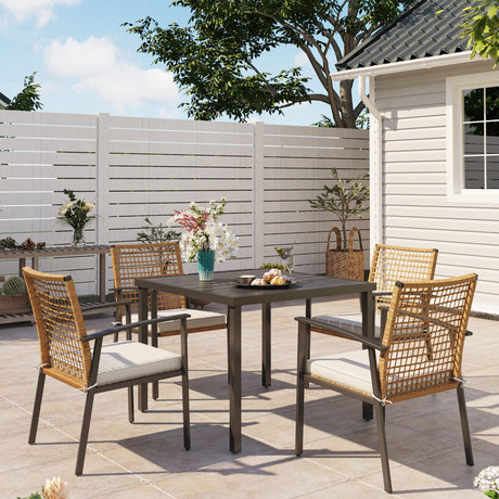 LAUSAINT HOME 5 Pieces Outdoor Patio Dining Set, Wicker Patio Furniture Set of 4 Chairs with Soft Cushion and Square Table with Umbrella Hole, Conversation Set for Backyard, Garden and Poolside LAUSAINT HOME
