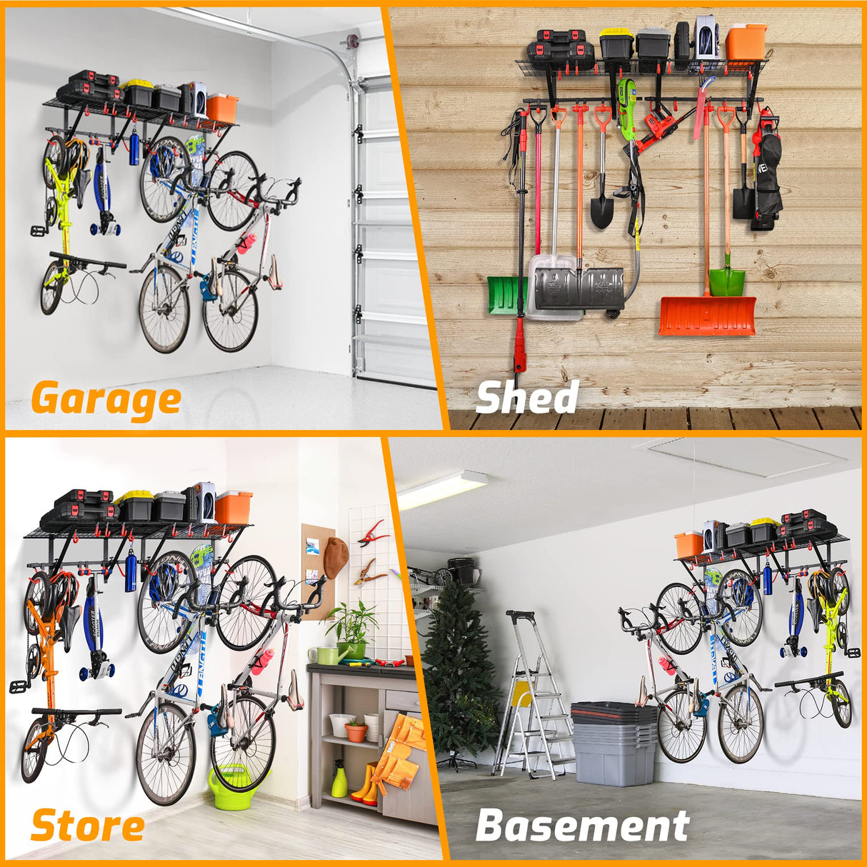 PLKOW Garage Wall Shelving Includes Bike Hooks, Sturdy Adjustable Garage Shelving Wall Mount Garage/Organizer (Black, 2-Pack) PLKOW