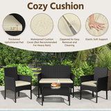 Yaheetech Patio Furniture Set 4 Pieces Conversation Sets, Rattan Chair Wicker Set Loveseat with Soft Cushion and Glass Table for Backyard Porch Garden Poolside Balcony, Black and Beige Yaheetech