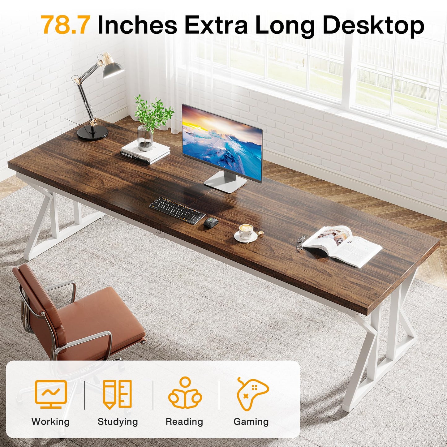 Tribesigns 78.7 Inches Long Computer Desk, Two Person Desk Large Executive Office Desk, Double Desk Study Writing Table for Home Office (Brown/White) - WoodArtSupply