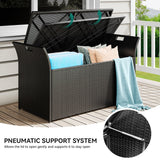 YITAHOME 90 Gallon Outdoor Wicker Storage Bench w/Cushion, Large PE Rattan Deck Storage Box w/Handles & Hydraulics for Patio Furniture, Cushions, Garden Tools, Pool & Sports Equipment, Black&Grey YITAHOME