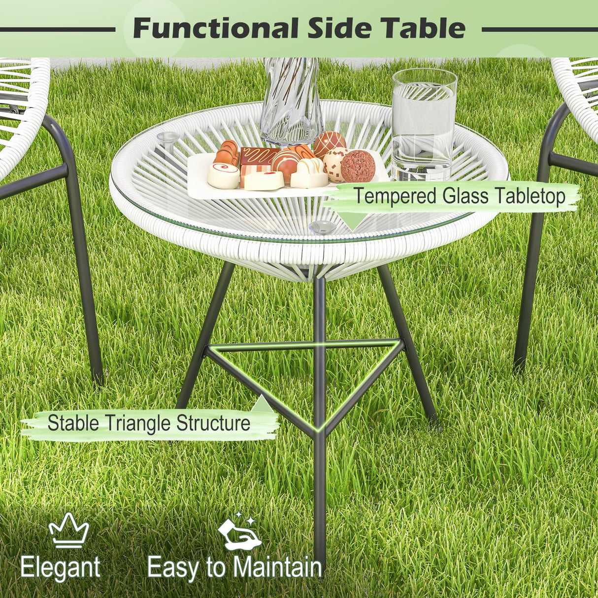 Tangkula 3 Piece Outdoor Patio Furniture Set, Acapulco Chair Set w/Plastic Rope, Tempered Glass Table, All Weather Patio Bistro Set for Patio, Lawn, Garden, Backyard Tangkula