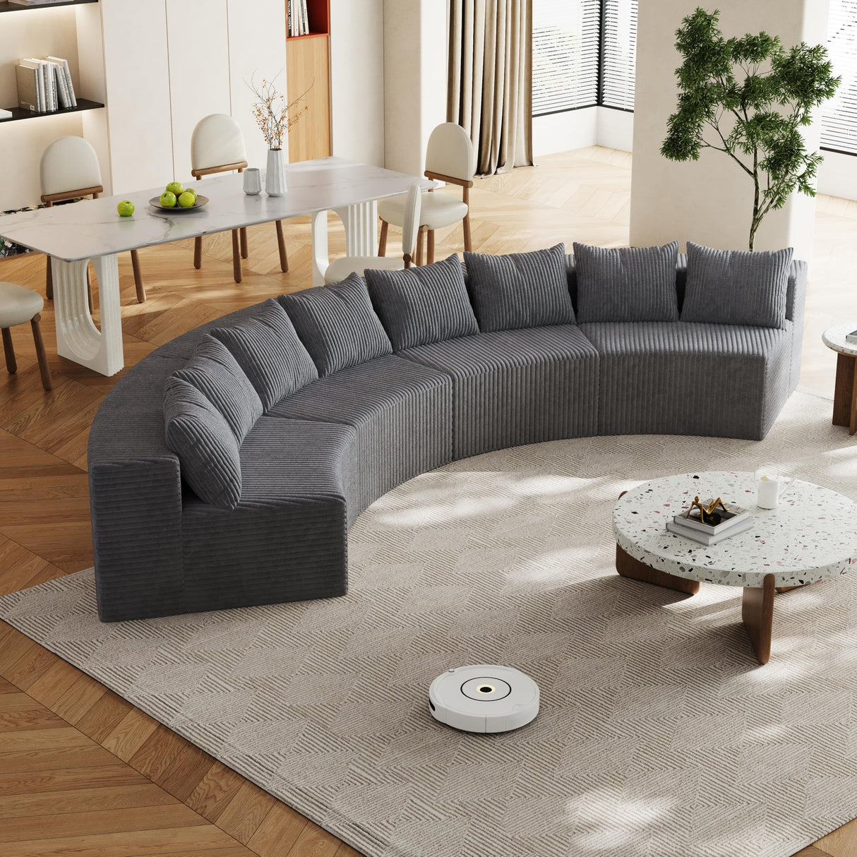 KEIKI Corduroy Curved Sectional Sofa, 4 Seater Symmetrical Modular Semi Circular Couch, Deep Seat Tufted Corner Sofa for Living Room, Lobby, Gray KEIKI