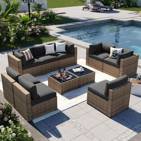 Aoxun Patio Furniture Sets, 10-Piece Outdoor Patio Furniture with Thick Cushions, Wicker Outdoor Conversation Set Sectional Sofa for Backyard, Poolside, Garden Aoxun