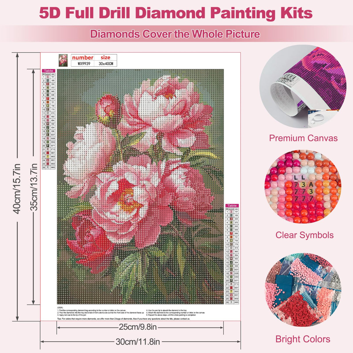 MEIYUDA Flowers Diamond Painting Kits for Adults, 5D Peony Diamond Art Kits for Adult Beginners, Flowers DIY Full Diamond Art Painting Kit for Home Wall Decor Gift 12x16inch MEIYUDA