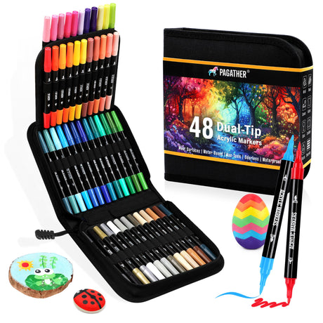 48 Colors Acrylic Paint Markers, Dual Tip with Fine Tip and Brush Tip Pens for Stone, Wood, Calligraphy, Canvas, Ceramic, Metal, Glass, Rock Painting, DIY Crafts Art Supplies Kit Pagather