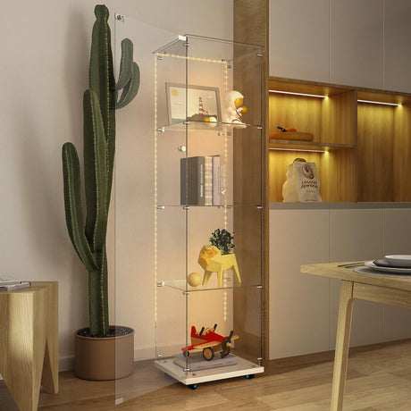 nifoti 4-Shelf Glass Display Cabinet with LED Lights Strip and Lock, Curio Cabinets Display Case with Casters and 1 Door, Tempered Glass Display Showcase for Living Room,Exhibition Hall - White nifoti