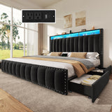 DWVO King Size Bed Frame with 4 Storage Drawers and RGB LED Lights, Velvet Upholstered Platform Bed with Charging Station and Bookcase Storage Headboard, No Box Spring Needed, Easy Assembly, Black DWVO