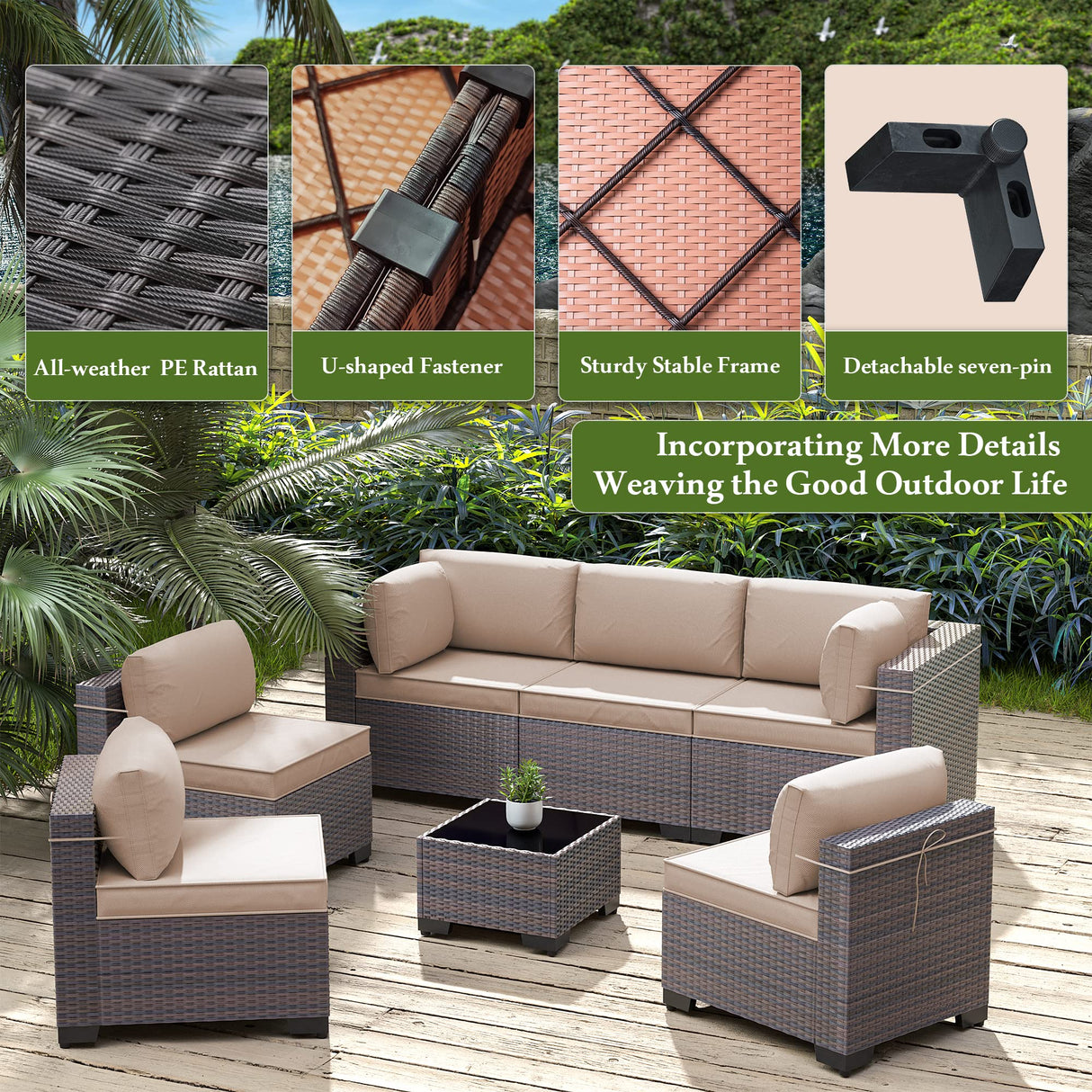 RTDTD Outdoor Patio Furniture Set, 9 Pieces Outdoor Furniture All Weather Patio Sectional Sofa PE Wicker Modular Conversation Sets with Coffee Table,8 Chairs & Seat Clips(Brown) RTDTD