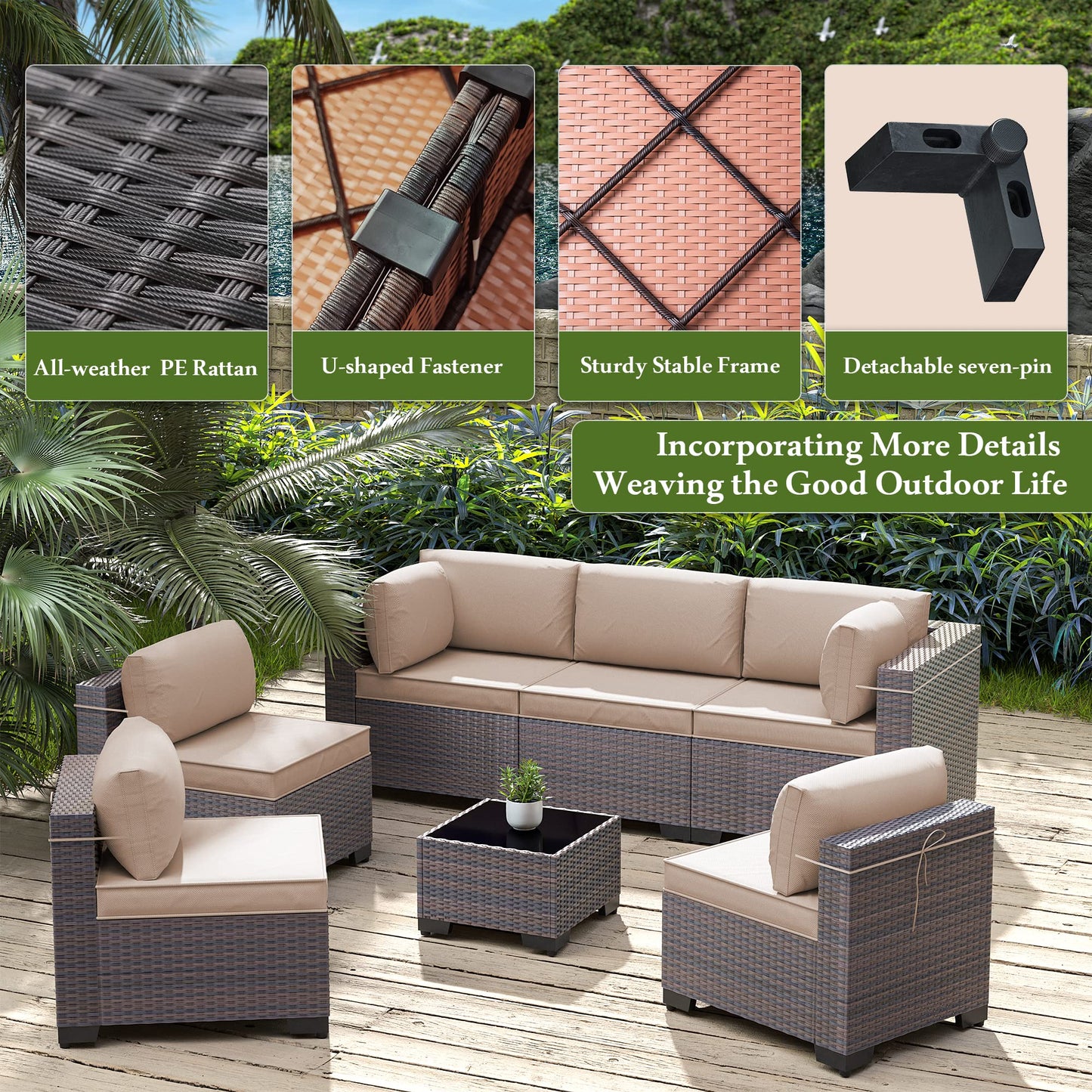 RTDTD Outdoor Patio Furniture Set, 9 Pieces Outdoor Furniture All Weather Patio Sectional Sofa PE Wicker Modular Conversation Sets with Coffee Table,8 Chairs & Seat Clips(Brown) - WoodArtSupply