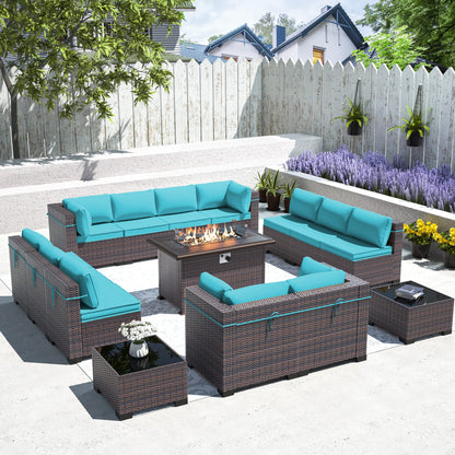 ASJMR Outdoor Patio Furniture Set with Gas Fire Pit Table, 15 Pieces Outdoor Furniture Set Patio Sectional Sofa w/43in Propane Fire Pit, PE Wicker Rattan Patio Conversation Sets (Teal)