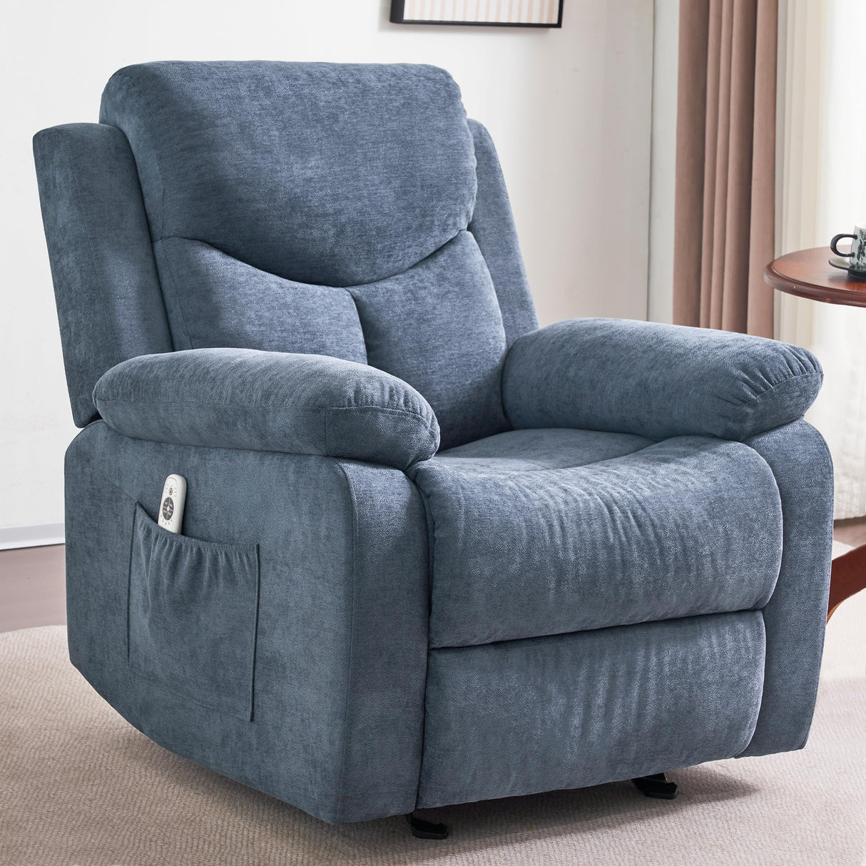 Sftaiyou Manual Rocker Recliner Chair for Adults with Vibration Massage,Glider Rocking Recliner Chairs for Living Room Bedroom Overstuffed Soft Reclining Sofa Chair with Pockets(Blue) Sftaiyou