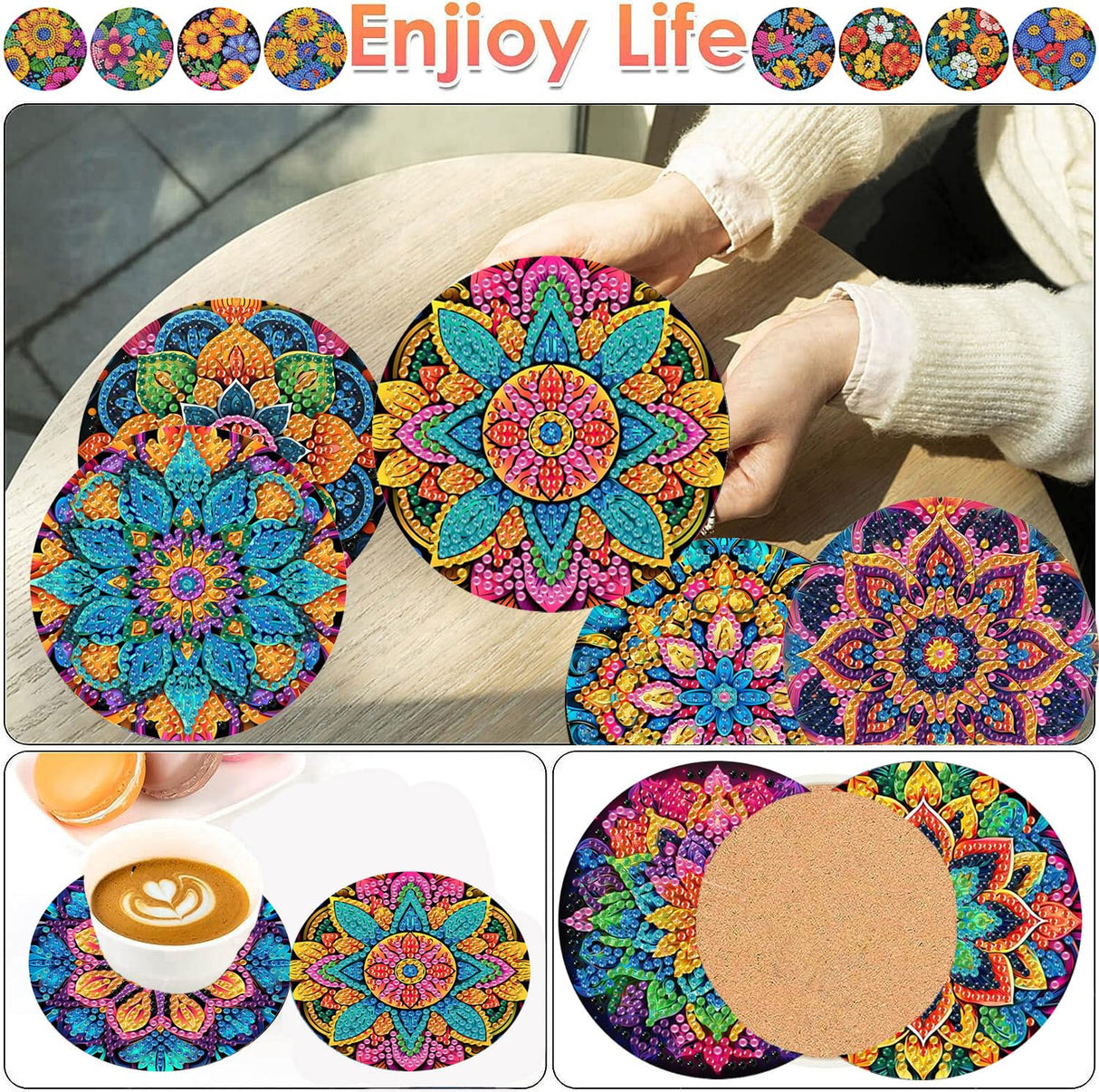 ijbnhd Mandala Diamond Art Coasters Kits for Adults, 8 Pieces Mandala Diamond Painting Coasters with Holder for Beginners 4X4inch (Cork Wooden Pad) ijbnhd