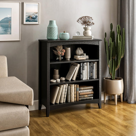 Camaflexi Shaker Style 3 Shelf Bookcase/Solid Wood / 36" High/Adjustable Shelving/Closed Back/Display Bookshelf for Living Room, Bedroom, Home and Office, Black Camaflexi