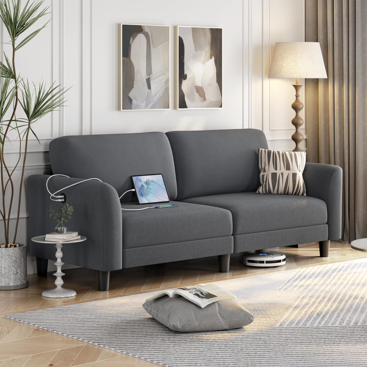 Yaheetech 67" W Fabric Sofa Couch 2 Seater Loveseat Sofa with USB Charging Ports Upholstered Sofa Living Room Office Bedroom, Dark Gray Yaheetech