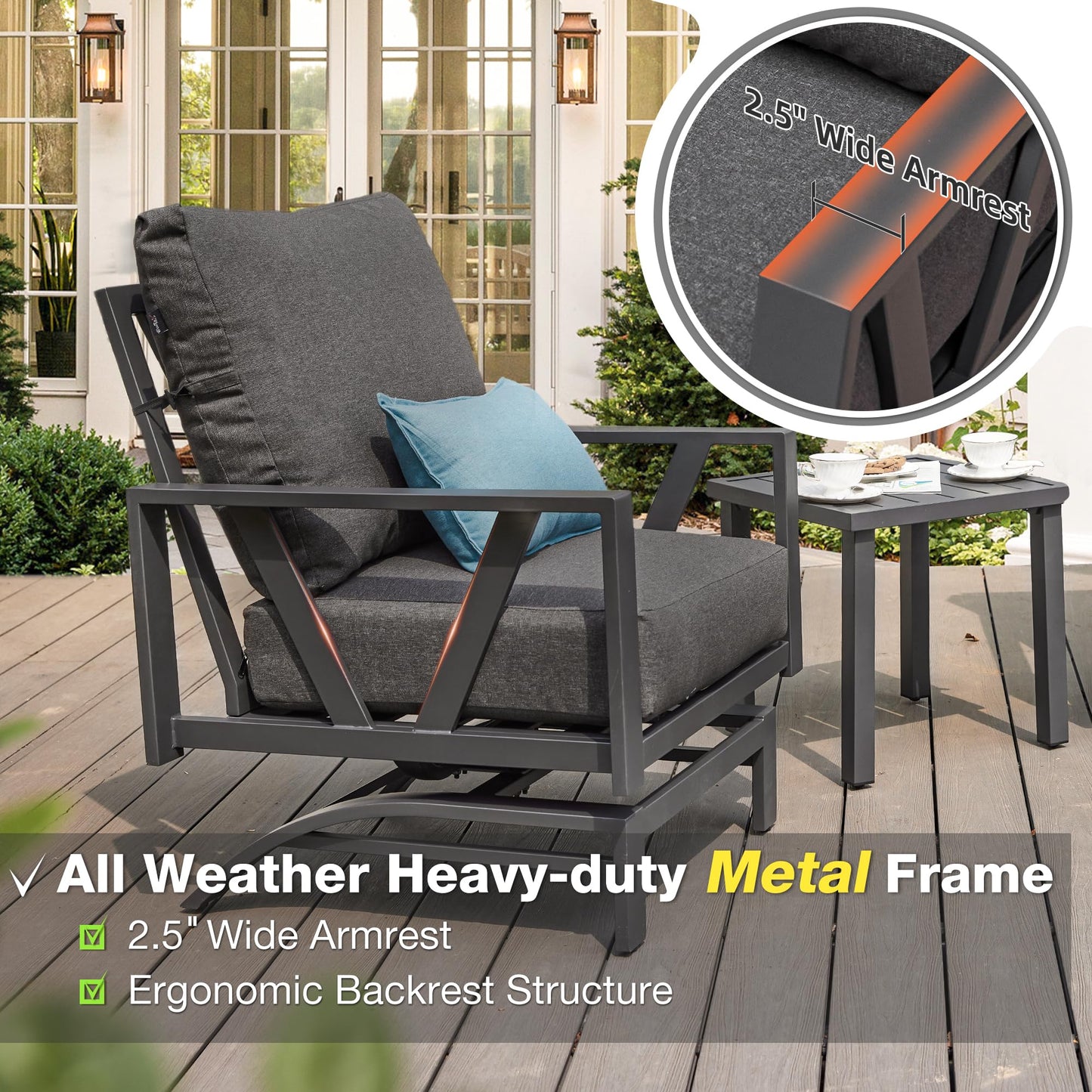 COMLAX FIELD Outdoor Patio Porch Furniture Set, 3 Pieces Patio Bistro Conversation Set with Coffee Table, Metal Patio Motion Rocker Chairs, Grey - WoodArtSupply