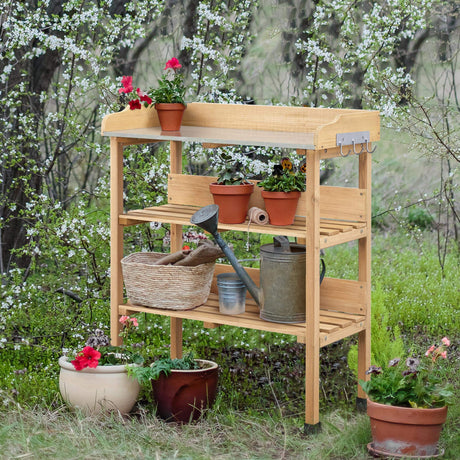 Topeakmart Potting Bench Table w/Metal Tabletop for Garden, Fir Wood Workstation w/3 Tier Shelves, Outdoor Work Bench w/Hook Natural Wood Topeakmart