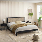 NTC Ruby Queen Bed Frame with Natural Rattan and Solid Oak, Effortless Assembly, Silent Slats - Burnt Black NTC