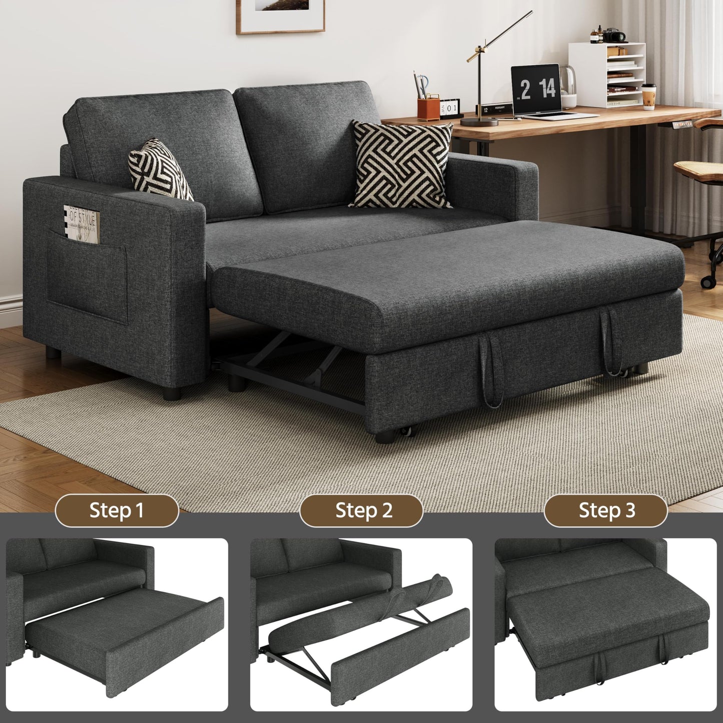 Yaheetech Convertible Sofa Bed Trundle Loveseat w/Pull-Out Trundle Bed Sleeper Sofa Convertible Couch for Limited Spaces Living Room Bedroom Guest Room Dark Gray 55.5 in