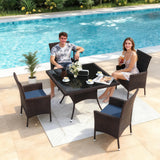 Gotland 5-Piece All-Weather Rattan Patio Dining Set with Tempered Glass Table, Tilt Backrest, Umbrella Hole, and Removable Cushions for Lawn, Deck, Backyard Gotland