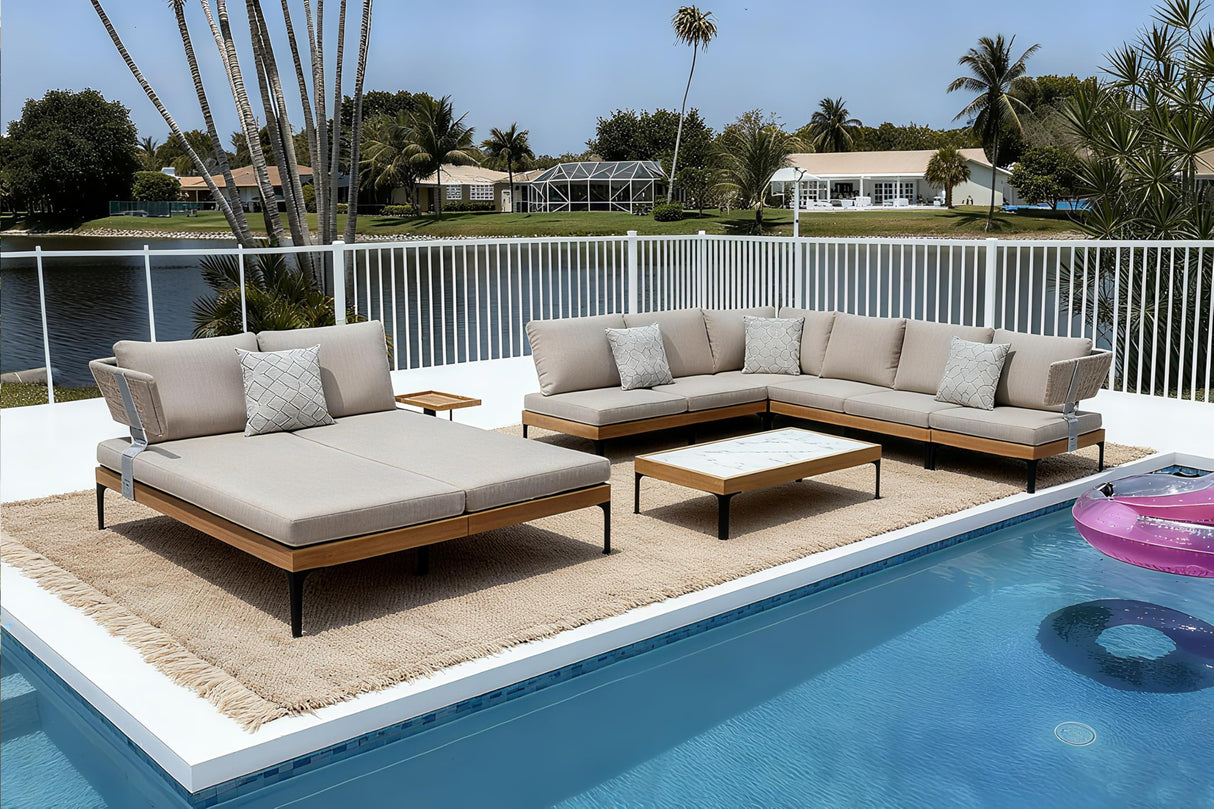 PURPLE LEAF 7 Pieces Patio Furniture Set with Daybed Tables Outdoor Wicker Sectional Conversation Sets Modern Aluminum L Shaped Sofa for Balcony Yard Garden Poolside, Cushions and Pillows Included PURPLE LEAF