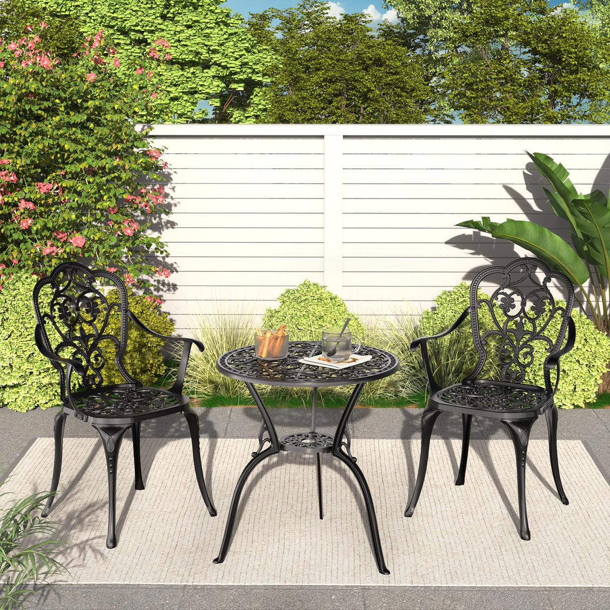 Z1UVDFUR Patio Bistro Set of 2, Cast Aluminum, Outdoor Set w/Umbrella Hole, 3 Piece Table and Chairs Set, Bistro Set for Backyard/Garden/Lawn, Black Z1UVDFUR