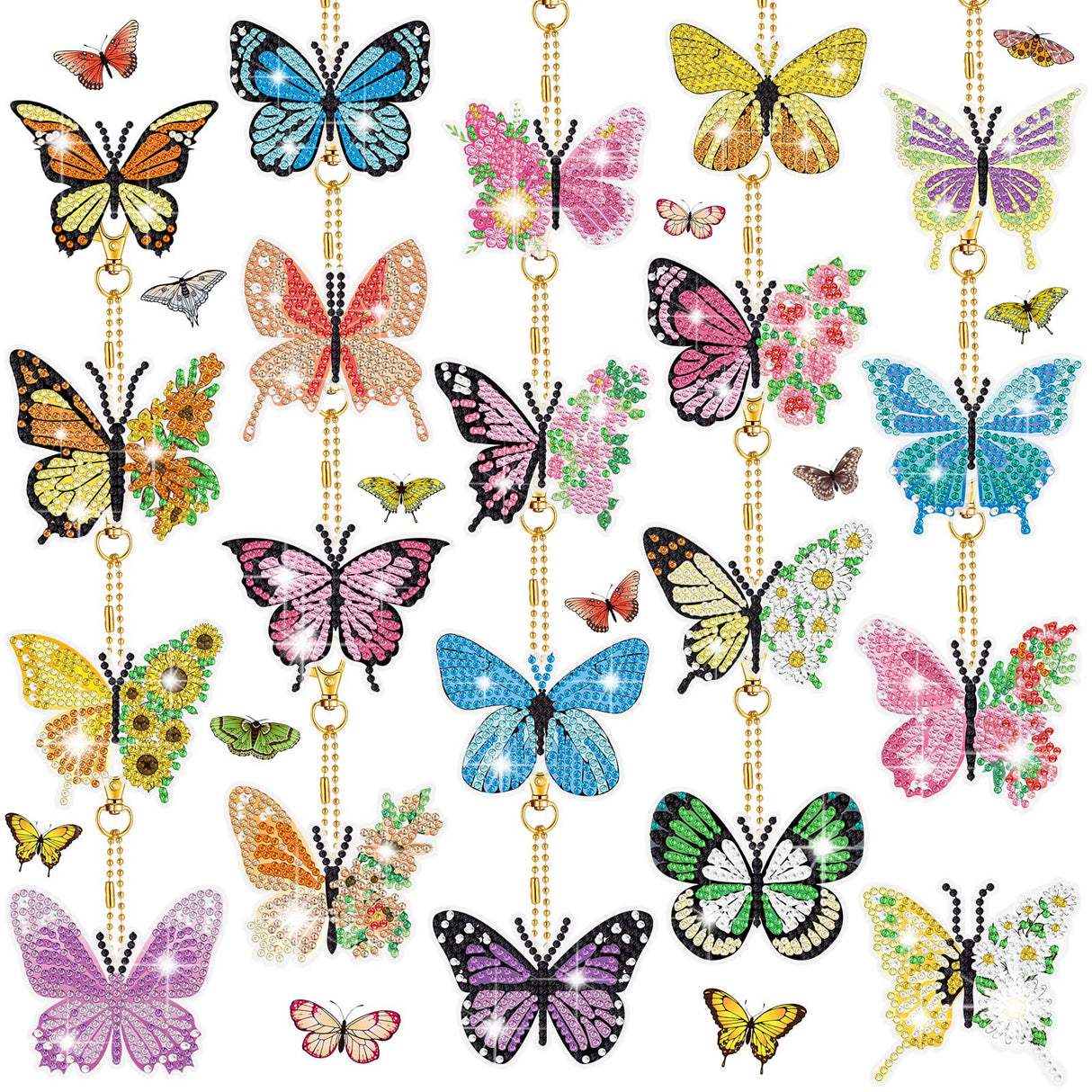 FairySandy 20 Pcs Spring Butterfly Diamond Painting Keychains 5d Flowers Butterflies Diamond Art Keychains Kits for Adults Single Side Floral Key Chain Hanging Ornament for Beginners DIY Crafts Gifts FairySandy