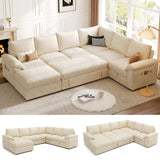 SUAWY 108 Inch Modular Sectional Sofa with Pull Out Bed,U Shaped 7 Seat Sectional Sleeper Sofa with Storage,Sectional Couches for Living Room,Cloud Modular Couch,Removable Sofa Cover,Beige SUAWY