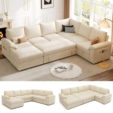 SUAWY 108 Inch Modular Sectional Sofa with Pull Out Bed,U Shaped 7 Seat Sectional Sleeper Sofa with Storage,Sectional Couches for Living Room,Cloud Modular Couch,Removable Sofa Cover,Beige SUAWY
