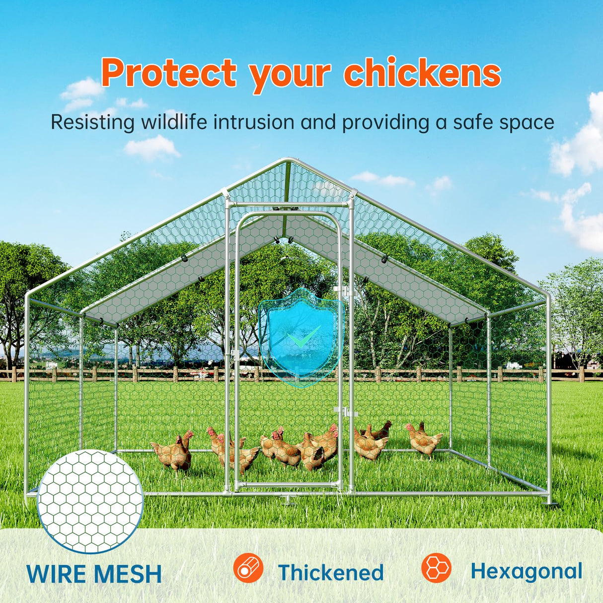 Chicken Coop Large Metal Chicken Run Poultry Cage with Water-Resident and Anti-UV Cover for Duck Rabbit House Outdoor Walk-in Chicken Pen for Yard, Spire Roof(10’ W x 13.2’ L x 6.4’ H) HIWOKK