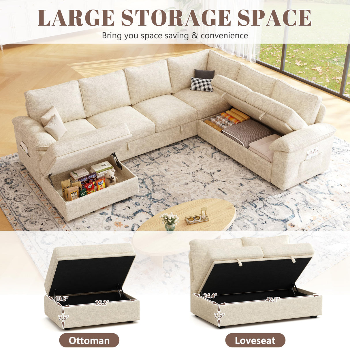 SUAWY 108 Inch Modular Sectional Sofa with Pull Out Bed,U Shaped 7 Seat Sectional Sleeper Sofa with Storage,Sectional Couches for Living Room,Cloud Modular Couch,Removable Sofa Cover,Beige SUAWY