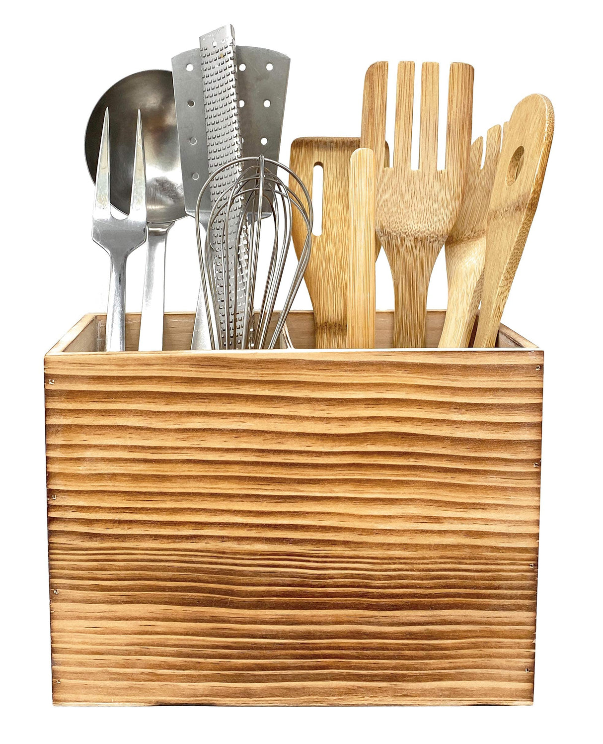 CB Accessories Utensil Holder in Rustic Wood for Kitchen Countertop Organizer and Cooking Tools Storage (Double Compartment) CB Accessories