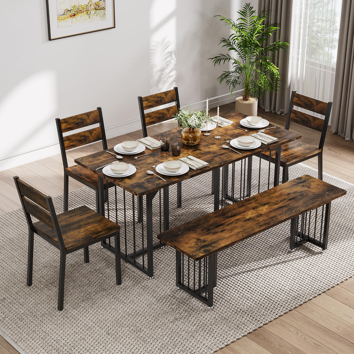 DWVO 63 Inch Dining Table Set for 6-8 People 6-Piece Large Kitchen Table Set with 2 Benches and 4 Chairs Farmhouse Rectangular Dining Room Table for Kitchen Dining Room Apartment Rustic Brown DWVO