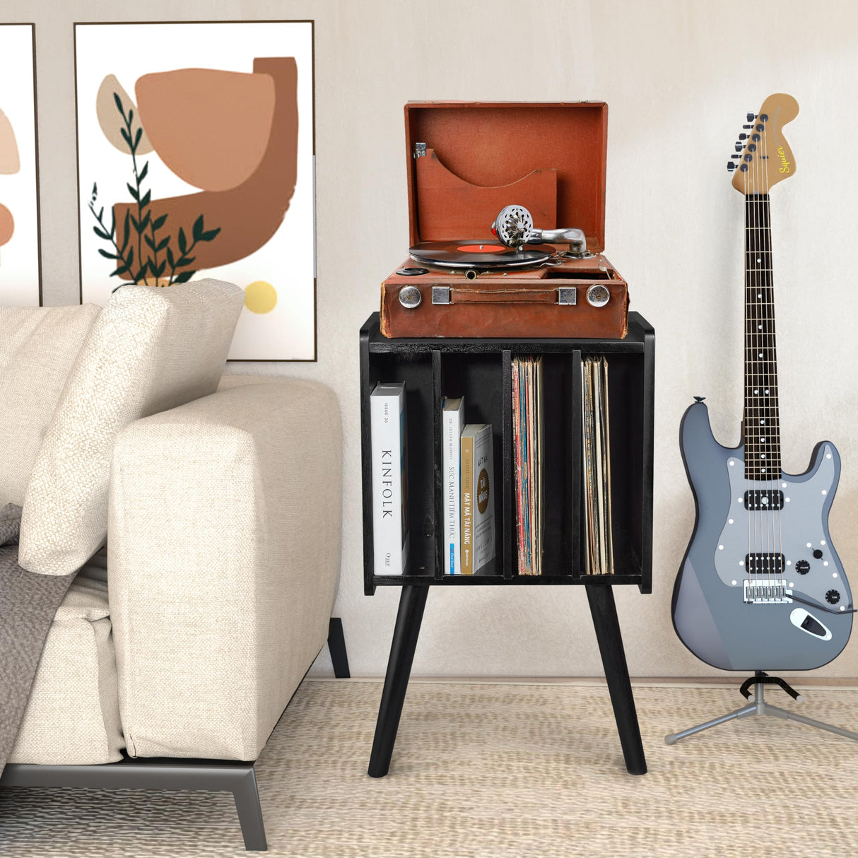 2BHOME Wooden LP Record Player Stand with 4 Cabinets, Holds up to 100 Vinyls, Metal Record Storage Holder and Organizer Table, Classical Design for Files/Book (Mid-Century Modern) 2BHOME