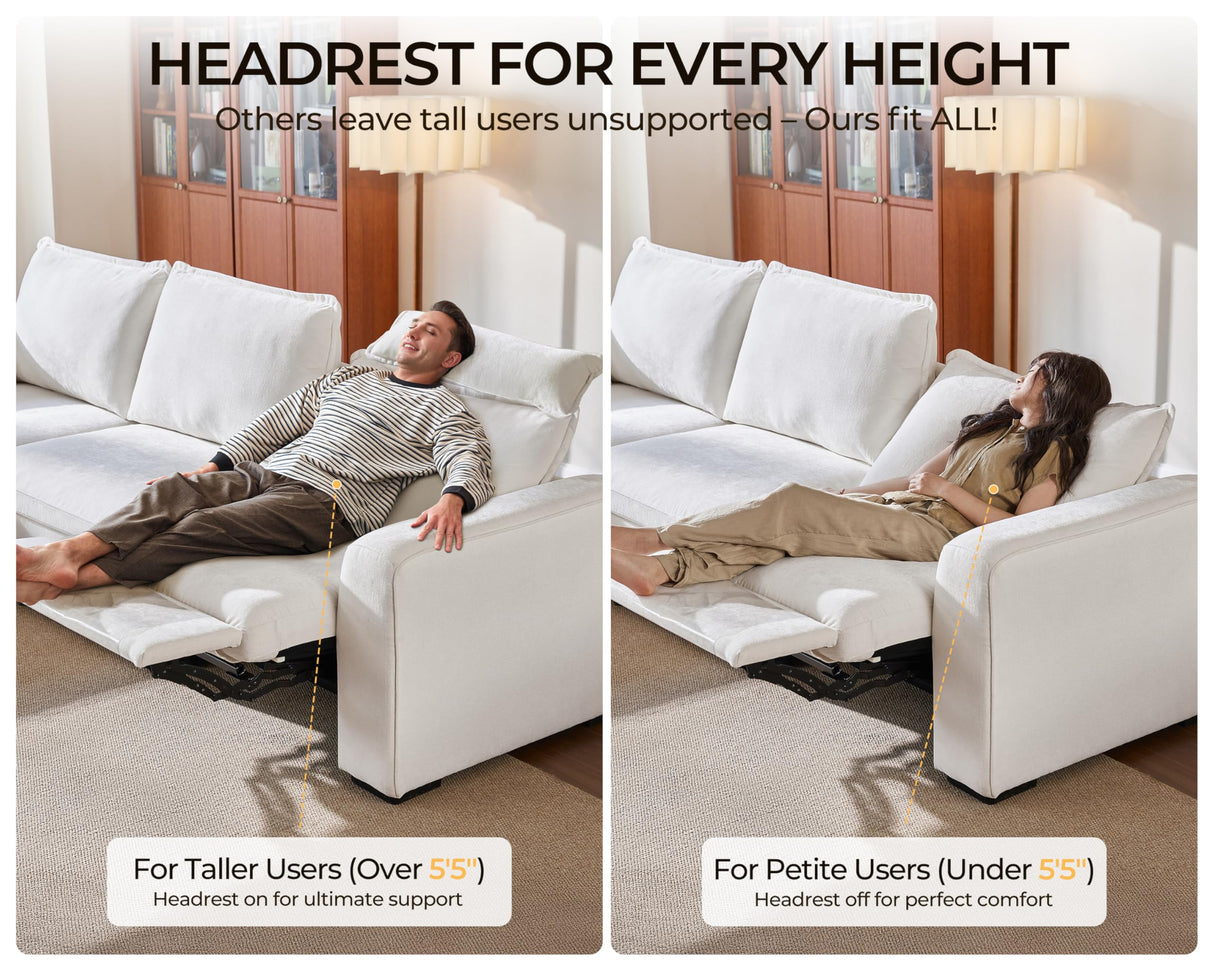 Bedeep 124.8'' Oversized Power Recliner Sofa with Headrest, Extra Wide Deep Modular Cloud Sectional Reclining Couch Wall Hugger, Convertible 3-Seater for RV Home Theater Living Room, Chenille, White Bedeep