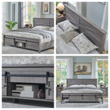 ACCOHOHO Farmhouse King Size Bed Frame with Barn Door Storage, Platform Bed Frame with Headboard, Rustic Bed, Solid Wood Slats Support/Noiseless/No Box Spring Needed (Grey) ACCOHOHO