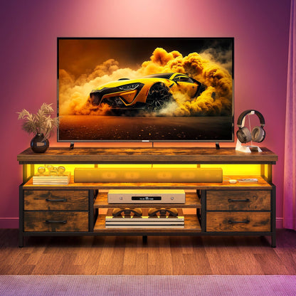 YITAHOME LED TV Stands for Living Room, TV Stand for 70/65 inch TV, Entertainment Center with Storage,LED TV Stand with 4 Fabric Drawers,Modern Industrial TV Console Cabinet,Retro Brown