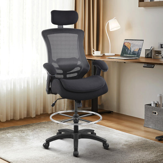 BOLISS High-Back Ergonomic Mesh Computer Office Drafting Chair with Super Soft Adjustable Arms Molded Foam Double Seat Cushion Adjustment Lumbar Support and Big Foot Ring - Black - WoodArtSupply