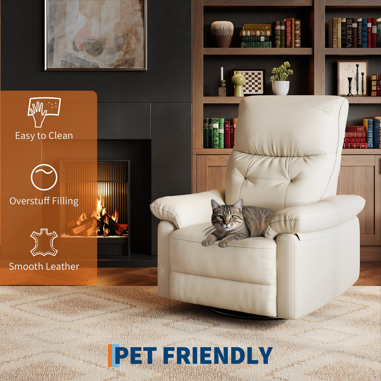 Power Recliner Chair for Adults, PU Leather Swivel Rocker Recliner with Padded Armrests & Side Pocket, Modern Upholstered Reclining Glider Chair for Living Room or Nursery (White) IDEALHOUSE