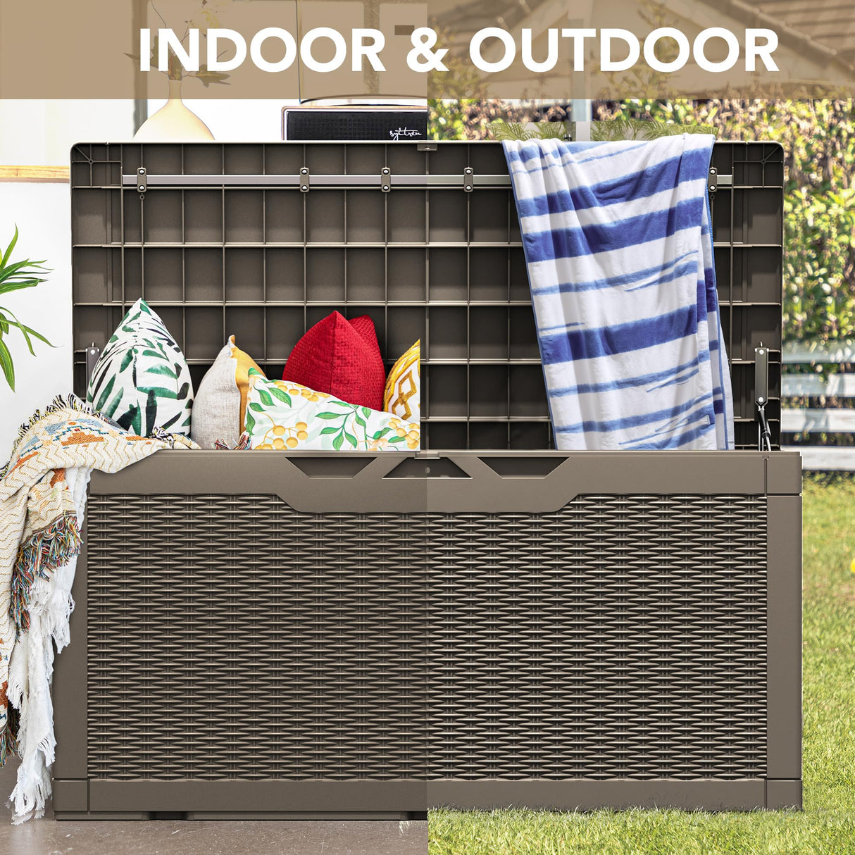 Devoko 100 Gallon Waterproof Resin Deck Box with Lockable Lid and Stylish Rattan Design for Indoor and Outdoor Storage Devoko