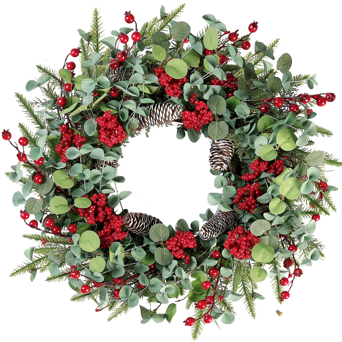 Sggvecsy 22 Inch Artificial Christmas Wreath for Front Door Xmas Red Berry Wreath with Pine Needles Pine Cones Eucalyptus Leaves Christmas Decorations for Winter Wall Outdoor Home Holiday Xmas Decor