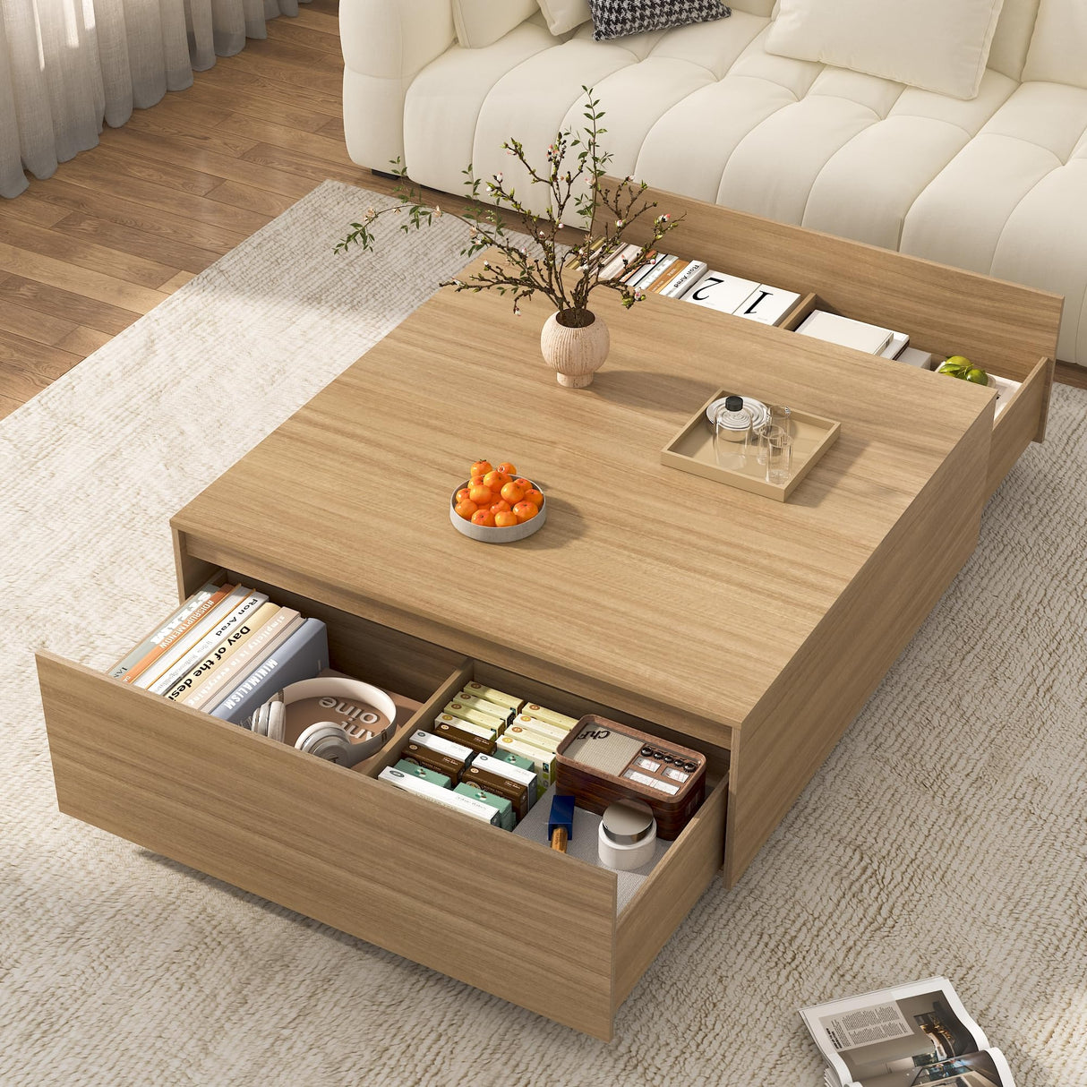 43 Inch Large Square Coffee Table with Storage,Modern Wooden Coffee Table with 2 Drawers Storage for Living Room,Mid Century Tea Table/Aesthetic Coffee Tables Center Table for Home Office(Oak) jiteentarou