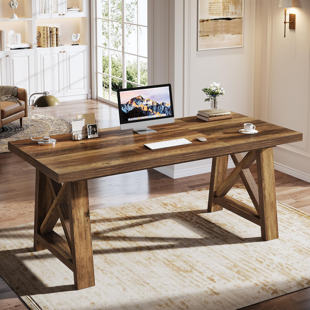 Tribesigns 63-Inch Executive Desk, Large Office Computer Desk with X-Shaped Legs, Modern Simple Workstation Study Writing Conference Table for Home Office, Rustic Brown Tribesigns