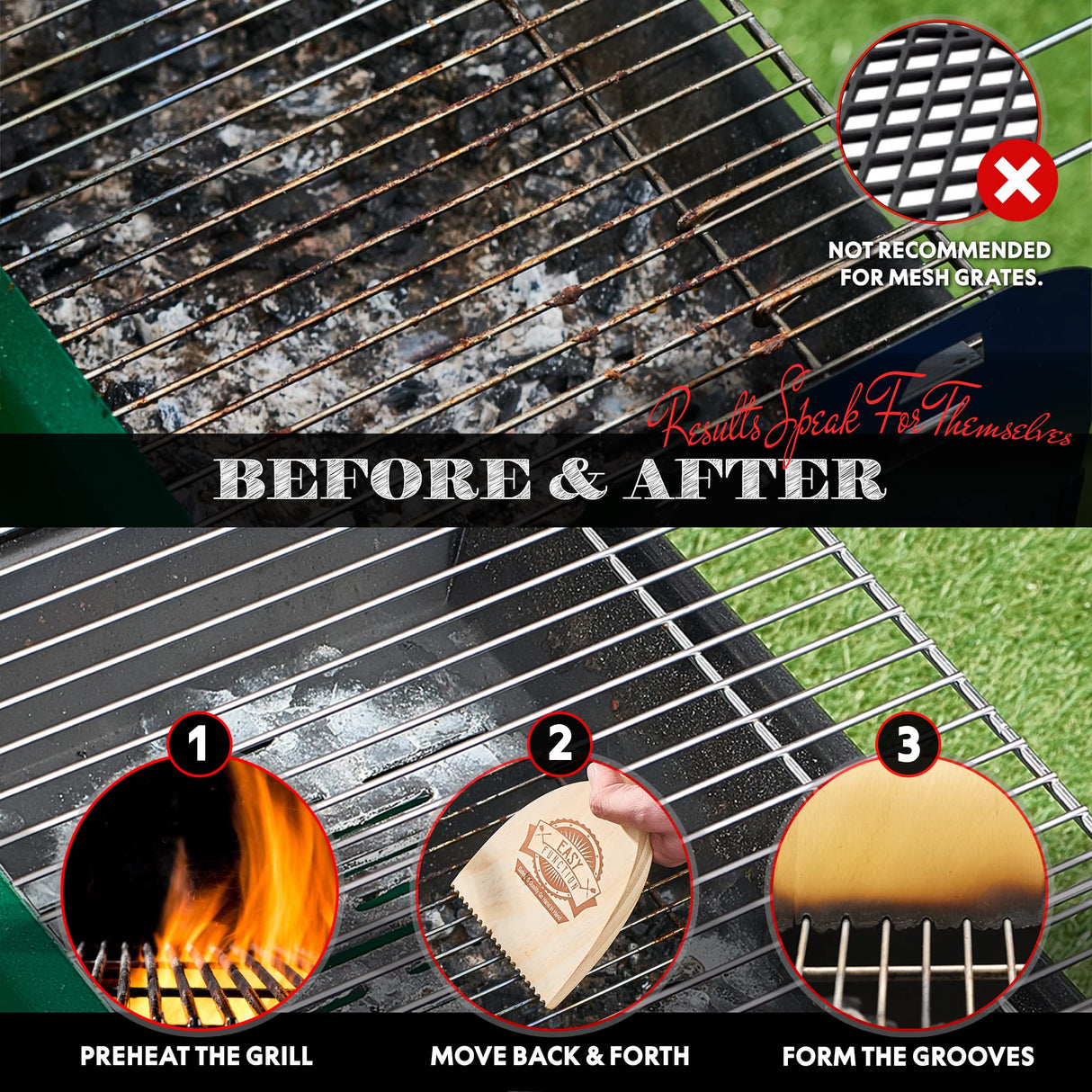 Easy Function Wood Grill Scraper - Wooden BBQ Grill Brush Cleaner Alternative - Enjoy Safe & Bristle Free Barbecue EASY FUNCTION