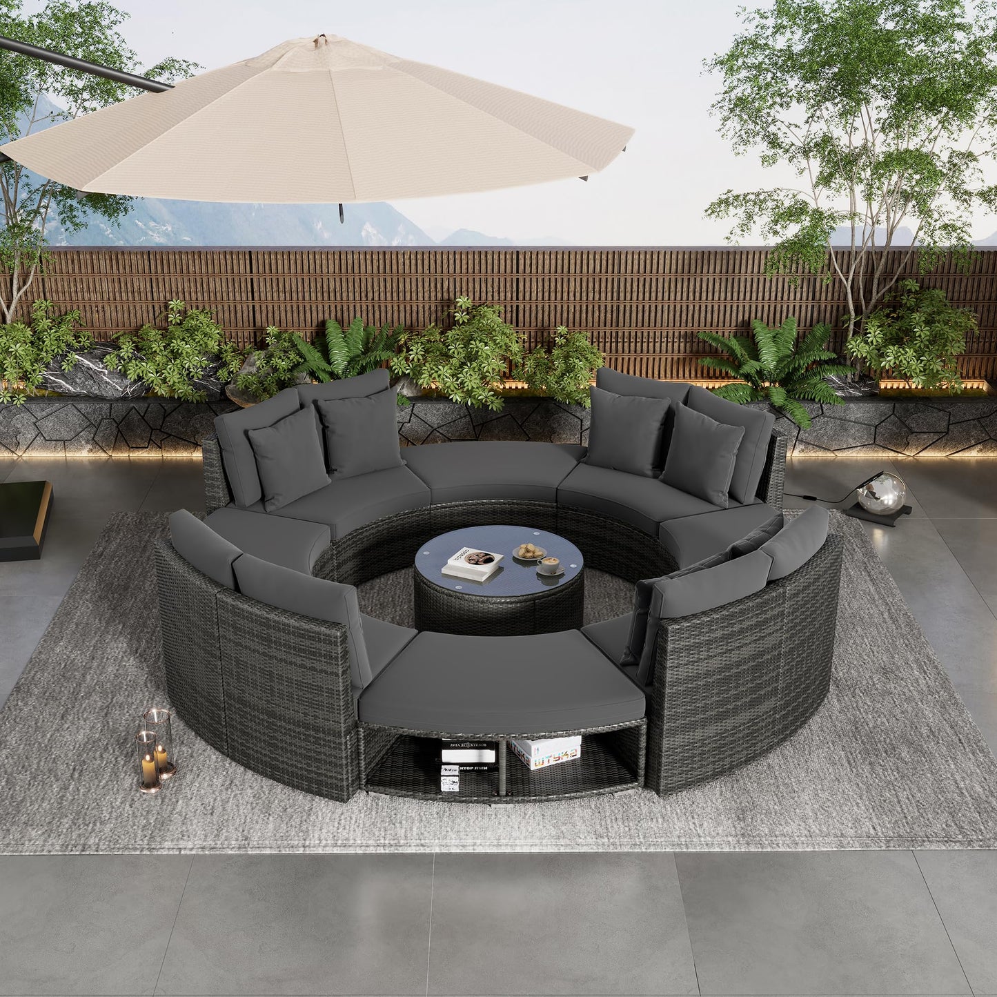 Merax 9-Pieces Outdoor Wicker Patio Conversation Furniture Set with Glass Table and 6 Pillows, Circular Sectional Sofa Conversation Set,Outdoor Patio Seating Sofas Set Grey - WoodArtSupply