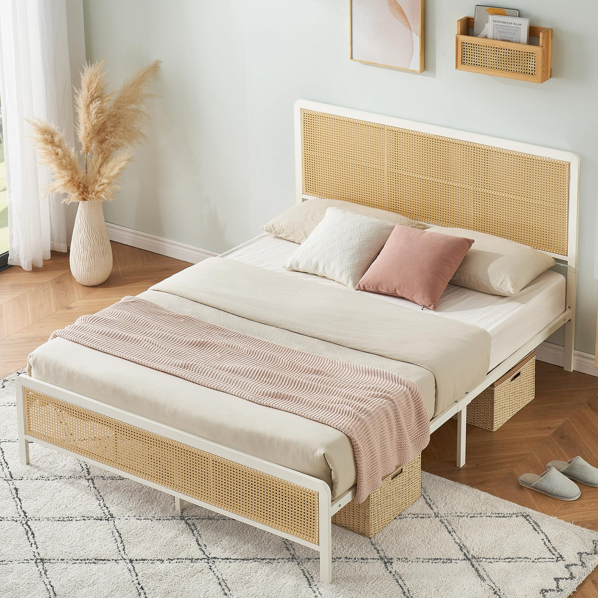 GarveeHome Queen Bed Frame with Rattan Headboard and Footboard, Bohemian Rattan Queen Size Bed Frame with Under Bed Storage, Solid Metal Foundation with Silent Slats,No Box Spring Needed GarveeHome